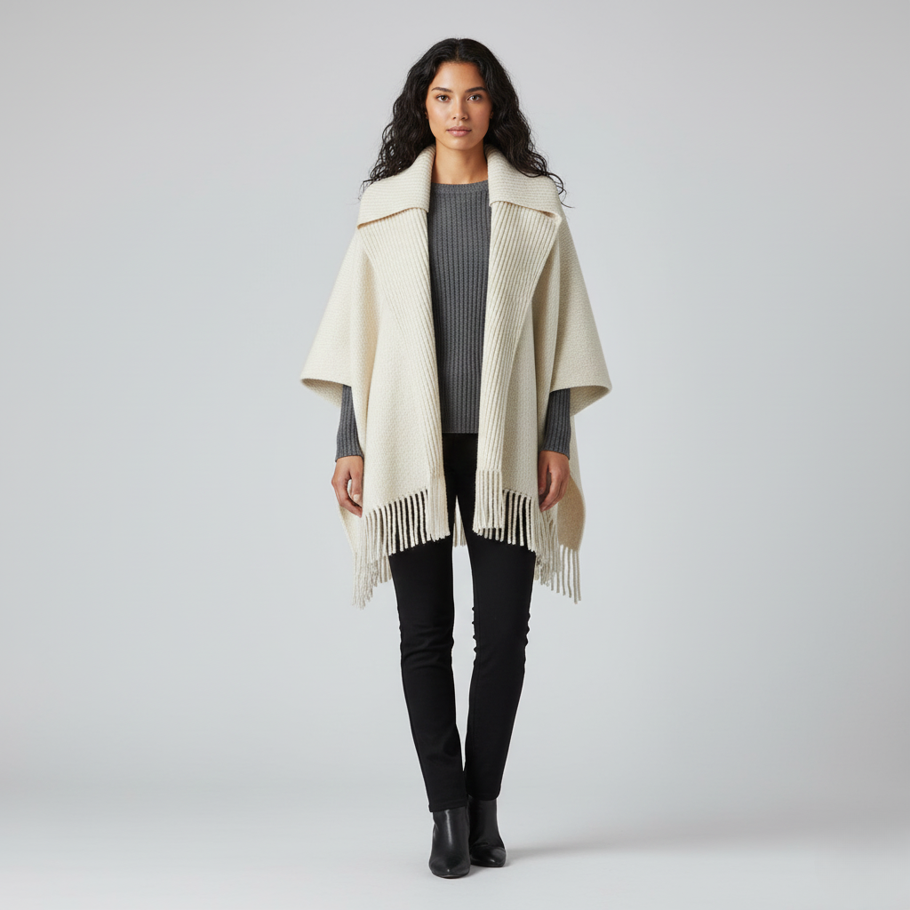 Women's Knit Poncho – Cream Shawl Wrap
