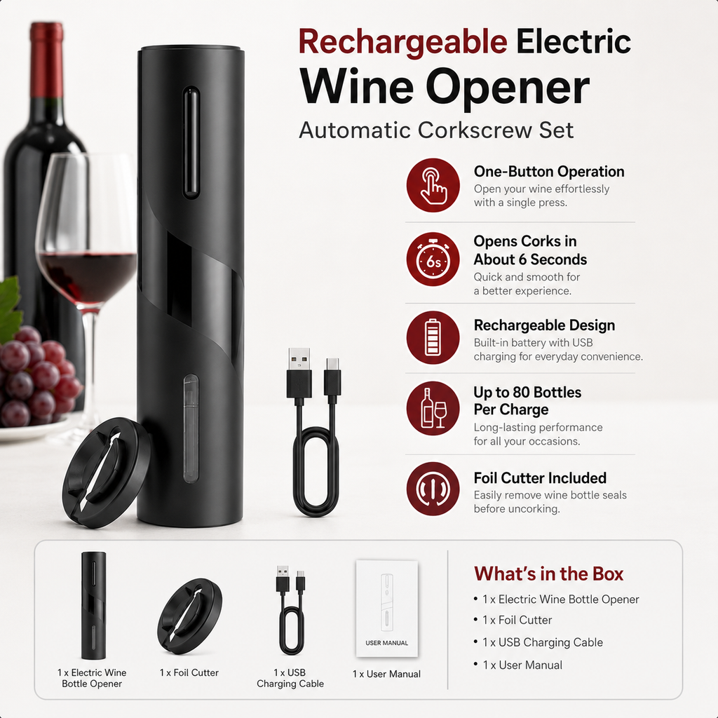 Electric Wine Opener – Rechargeable Corkscrew with Foil Cutter
