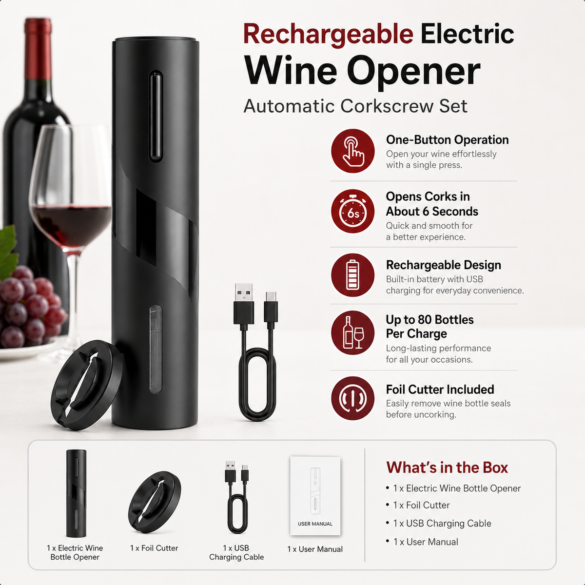 Electric Wine Opener – Rechargeable Corkscrew with Foil Cutter