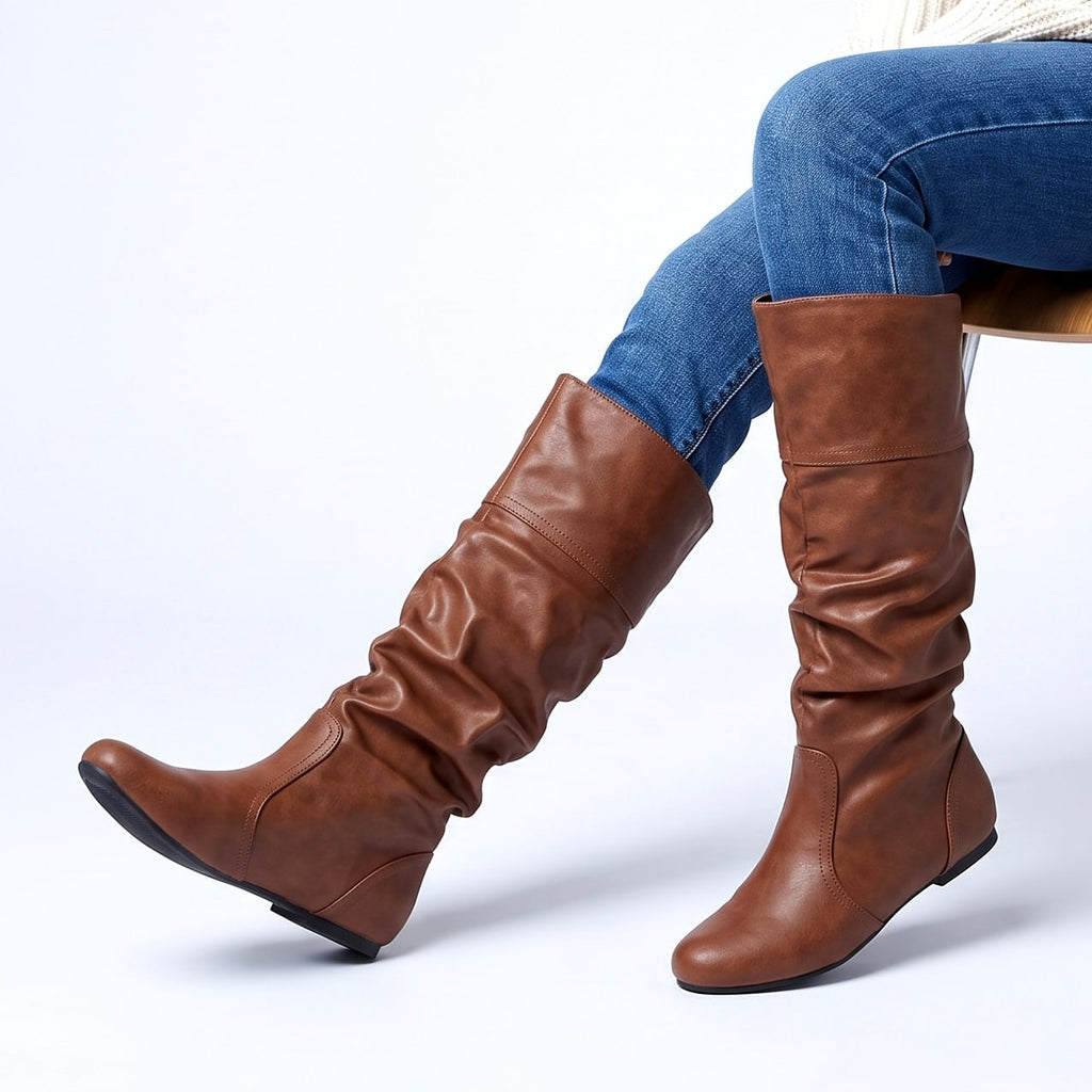 Helene Slouchy Knee-High Boots – Women's Low Heel Faux Leather Boots
