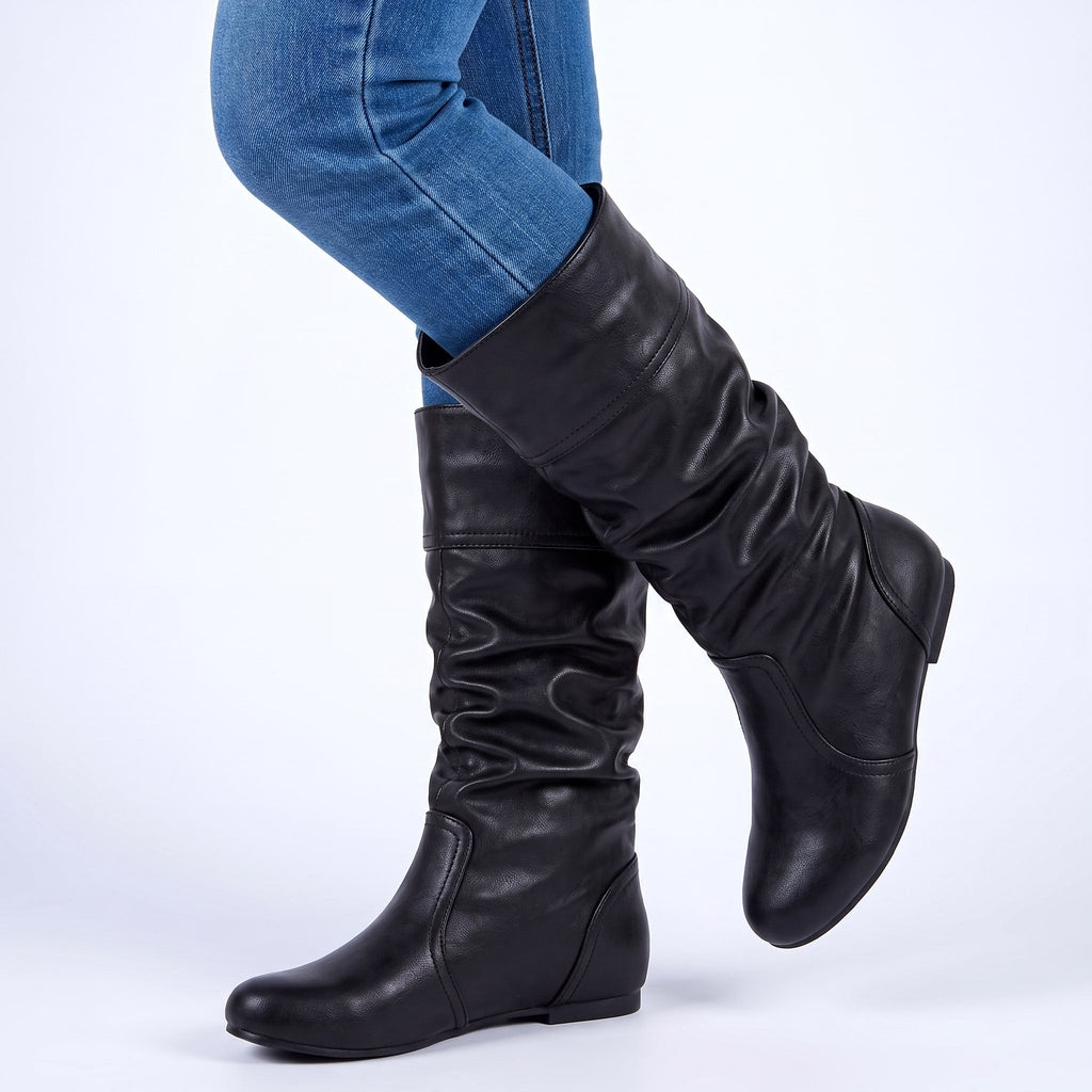 Helene Slouchy Knee-High Boots – Women's Low Heel Faux Leather Boots