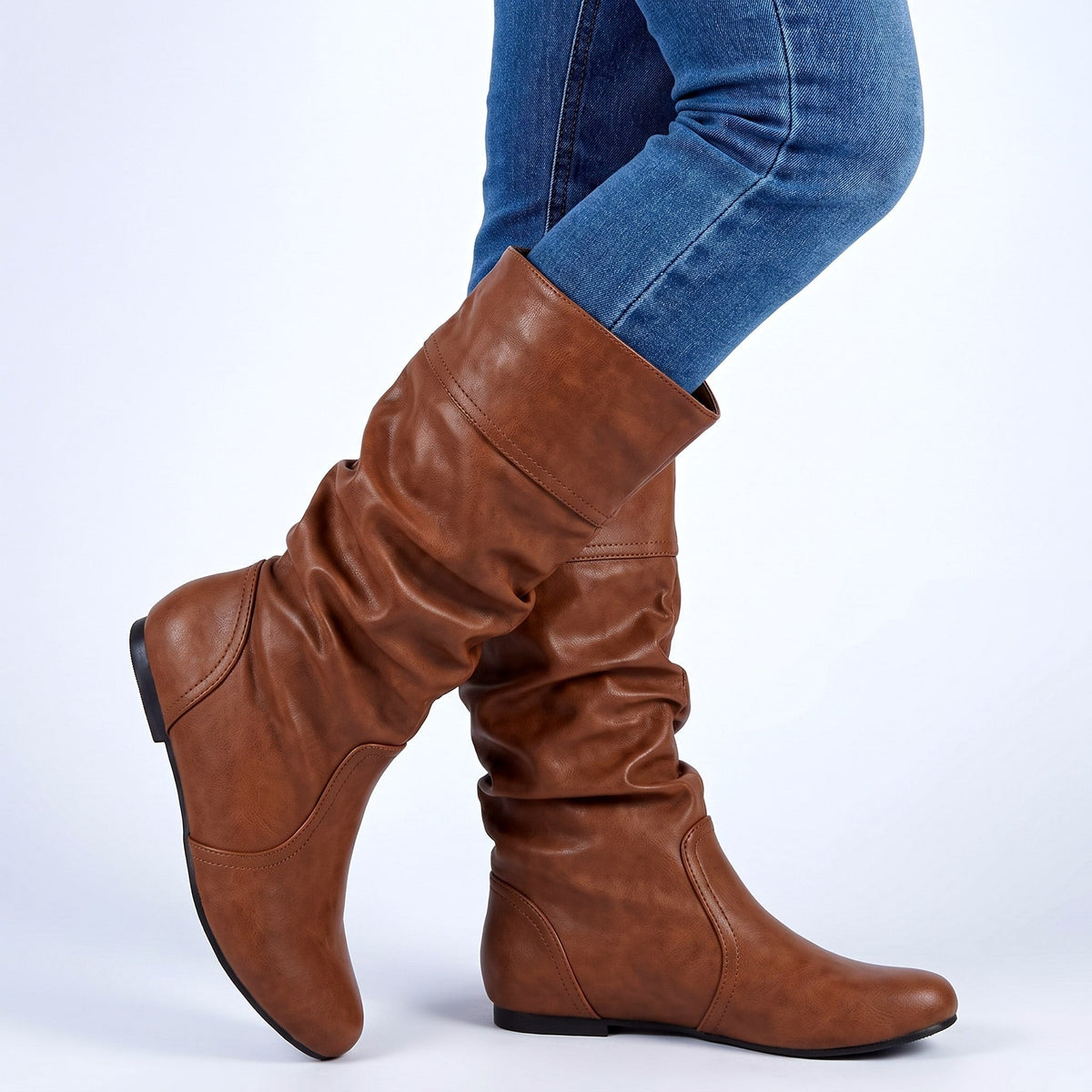 Helene Slouchy Knee-High Boots – Women's Low Heel Faux Leather Boots