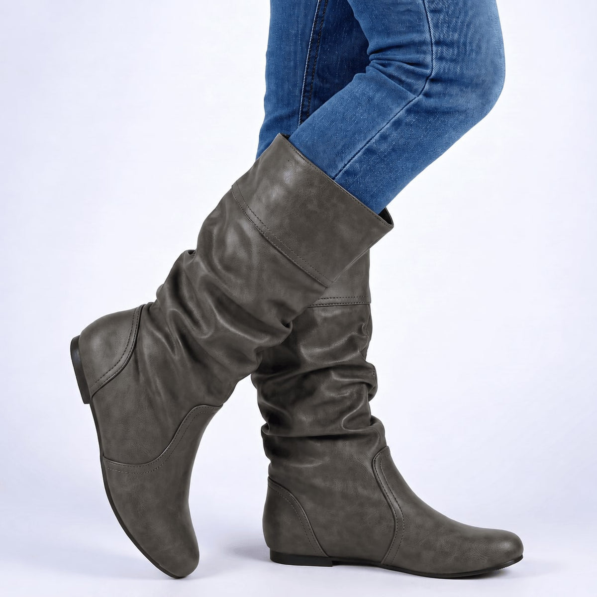 Helene Slouchy Knee-High Boots – Women's Low Heel Faux Leather Boots