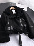 Women's Cropped Aviator Jacket with Plush Collar & Belt