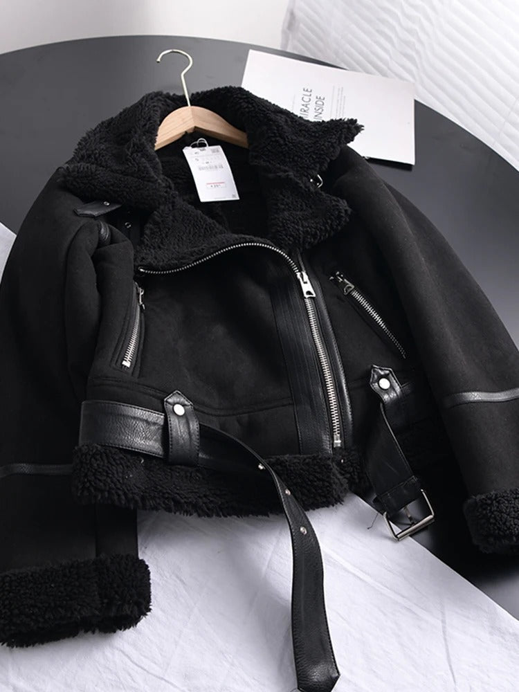 Women's Cropped Aviator Jacket with Plush Collar & Belt