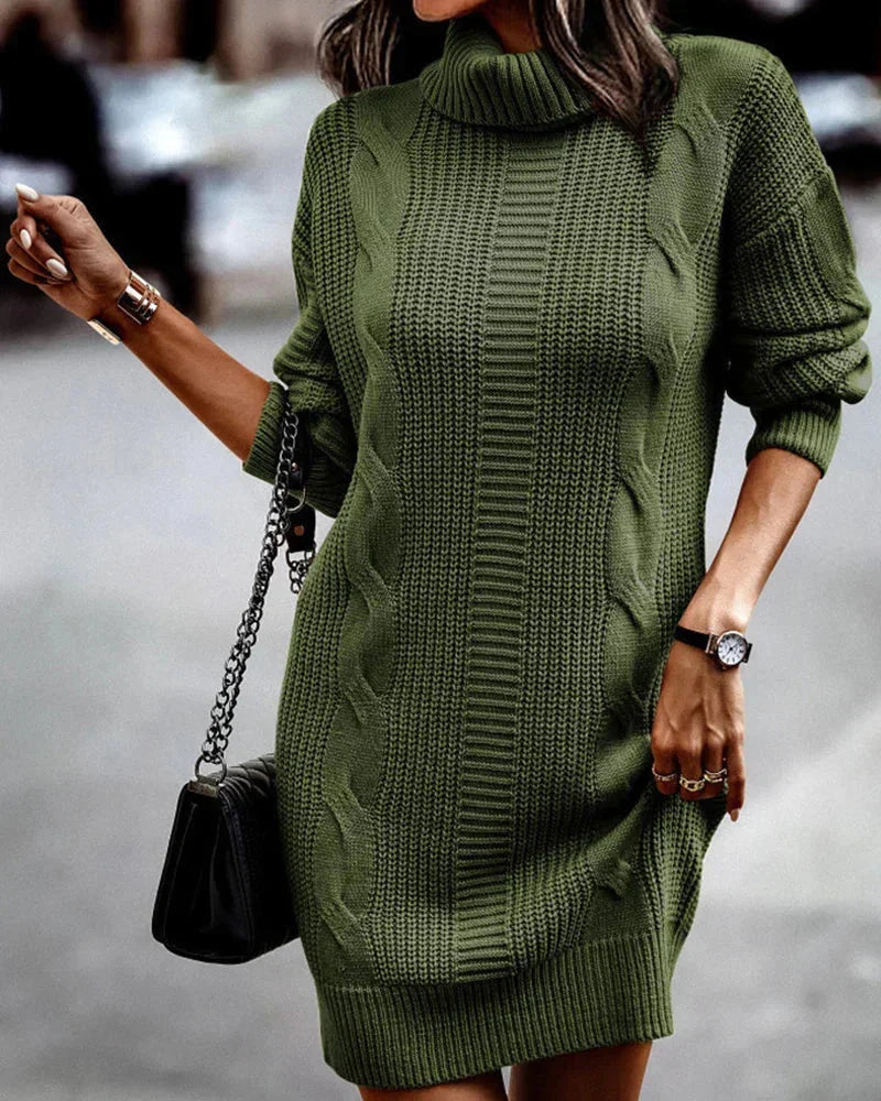 Women's Cable Knit Sweater Dress – Long Sleeve Turtleneck